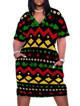 Vestido EQQZD Plus Size com estampa africana com decote em V e manga curta