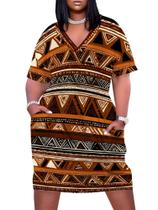 Vestido EQQZD Plus Size com estampa africana com decote em V e manga curta