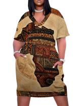 Vestido EQQZD Plus Size com estampa africana com decote em V e manga curta