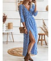 Vestido estampado com decote em V primavera/verão para mulheres azul