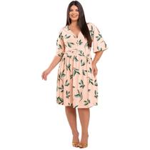 Vestido Estampado Midi Feminino Plus Size Slim Com Mangas