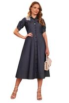 Vestido estilo chemise tencel jeans bordados florais midi fascinius