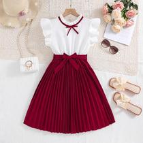 Vestido Estilo Preppy Para Meninas, Mangas De Pétala Branca, Saia Cáqui, Gravata Borboleta, Roupas