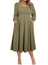 Vestido Eytino Plus Size, manga comprida, gola quadrada, verde midi, 3X Vestido Eytino Plus Size, manga comprida, gola quadrada, verde midi, 3X