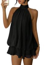 Vestido Famnbro, chiffon, sem mangas, gola alta, sem encosto, babado Vestido Famnbro, chiffon, sem mangas, gola alta, sem encosto, babado