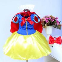 Vestido Fantasia Infantil Branca de Neve Luxo Capa E Tiara