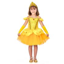 Vestido Fantasia Infantil Curto A Bela e a Fera Princesa Luxo C/ Coroa e Luvas