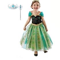 Vestido Fantasia Infantil Frozen Anna + Coroa E Varinha