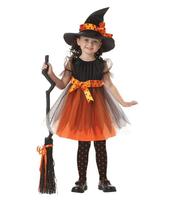 Vestido Fantasia Infantil Juvenil Festa de Halloween Dia das Bruxas Bruxinha Roxo e Laranja + Chapéu