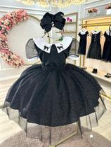 Vestido Fantasia Infantil Preto Wandinha Addams para Festas e Eventos