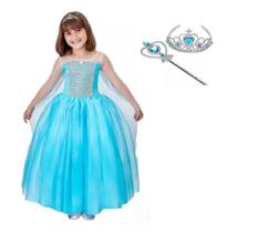 Vestido Fantasia Infantil Rainha Elsa Frozen c/ Capa Varinha e Coroa