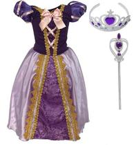 Vestido Fantasia Infantil Rapunzel Enrolados Coroa E Varinha