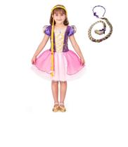 Vestido Fantasia Menina Princesa Rapunzel Enrolados Luxo + Trança