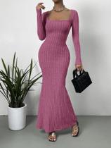 Vestido Fashion De Manga Longa, Corte Slim, Cor Sólida, Decote Baixo, Sexy E Elegante