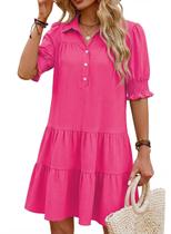 Vestido FEKOAFE 2026 com decote V, mangas plissadas de comprimento médio, rosa