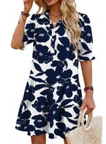 Vestido FEKOAFE azul com estampa floral, decote em V, pregas e bolsos, tamanho XXL