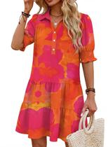Vestido FEKOAFE casual com decote V, gola lapela, pregas e manga curta laranja