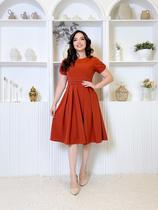 Vestido Feminino Adulto Alfaiataria Gola Redonda Saia Plissada Clássico