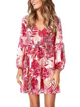 Vestido feminino Amoretu Boho Beach Shift, manga comprida, multivermelho Vestido feminino Amoretu Boho Beach Shift, manga comprida, multivermelho