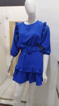 Vestido feminino azul marinho de manguinha longa e amarração na lateral -Tamanho M