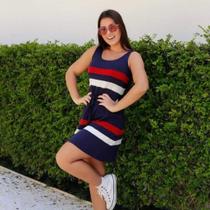 Vestido Feminino Básico Listrado Casual Midi Adulto Manga Regata