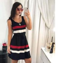 Vestido Feminino Básico Listrado Casual Midi Adulto Manga Regata