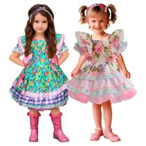 Vestido Feminino Bebê Festa Junina Sereia Com Bolsinha e Tiara