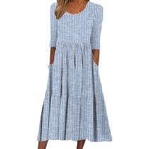 Vestido feminino BEYINCUTE, azul de verão, listrado, manga 3/4, manga 3/4, midi Vestido feminino BEYINCUTE, azul de verão, listrado, manga 3/4, manga 3/4, midi