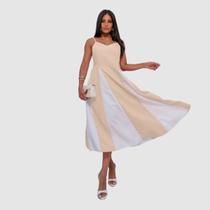 Vestido Feminino Bicolor Alcinha Midi Soltinho Social Luxo
