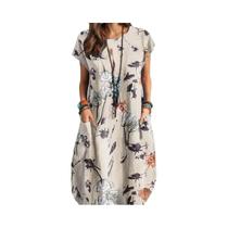 Vestido Feminino Boêmio Floral Estampado Verão Gola Redonda Manga Curta Bolsos Casual Elegante
