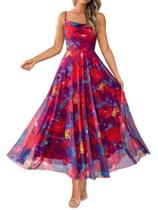 Vestido feminino BTFBM floral azul-marinho e vermelho, maxi, com alças finas, M Vestido feminino BTFBM floral azul-marinho e vermelho, maxi, com alças finas, M