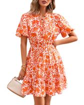 Vestido feminino BTFBM floral de verão com decote em V e manga curta com babado Vestido feminino BTFBM floral de verão com decote em V e manga curta com babado