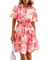 Vestido feminino BTFBM floral de verão com decote em V e manga curta com babado