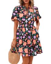 Vestido feminino BTFBM floral de verão com decote em V, manga curta, linha A Vestido feminino BTFBM floral de verão com decote em V, manga curta, linha A