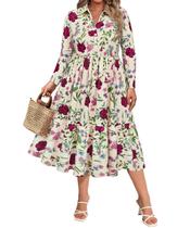Vestido feminino CARCOS plus size branco floral com decote em V de manga comprida Vestido feminino CARCOS plus size branco floral com decote em V de manga comprida