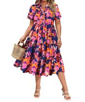 Vestido feminino CARCOS plus size com decote em V azul rosa floral 5GG