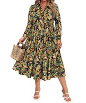 Vestido feminino CARCOS plus size preto floral de manga comprida 3GG Vestido feminino CARCOS plus size preto floral de manga comprida 3GG
