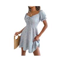 Vestido feminino casual com babados e manga curta com estampa floral