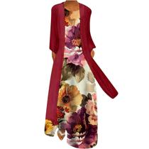 Vestido feminino casual com estampa floral com decote em O sem mangas Conjunto de duas peças de chiffon sólido Vestido feminino casual com estampa floral com decote em O sem mangas Conjunto de duas peças de chiffon sólido