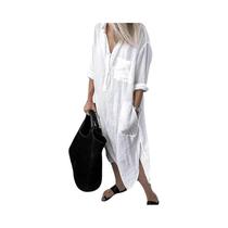 Vestido Feminino Casual De Verão Em Algodão E Linho, Elegante, Cor Sólida, Com Múltiplos Bolsos E