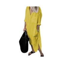 Vestido Feminino Casual De Verão Em Algodão E Linho, Elegante, Cor Sólida, Com Múltiplos Bolsos E