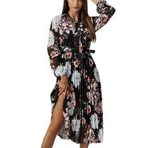 Vestido feminino casual estampado longo plissado de manga comprida festa de férias com estampa floral Vestido feminino casual estampado longo plissado de manga comprida festa de férias com estampa floral