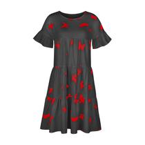 Vestido feminino casual solto com estampa de borboleta grande bainha manga curta com babados