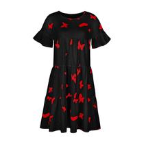 Vestido feminino casual solto com estampa de borboleta grande bainha manga curta com babados