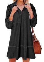 Vestido feminino CHARTOU, jeans com babados e bolsos, decote em V, preto