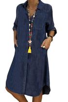 Vestido feminino CHARTOU, jeans de manga comprida, midi, azul marinho Vestido feminino CHARTOU, jeans de manga comprida, midi, azul marinho