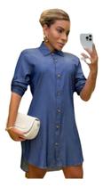 Vestido Feminino Chemise Camisão Manga Longa Jeans Fake Fechamento Botões Vestido Feminino Chemise Camisão Manga Longa Jeans Fake Fechamento Botões