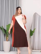 Vestido Feminino Chemise Tricolor Plus Size Bolsos Funcionais Fenda Elegante 48 50 52 Vestido Feminino Chemise Tricolor Plus Size Bolsos Funcionais Fenda Elegante 48 50 52