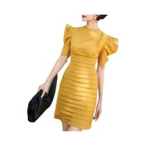 Vestido Feminino Chique Plissado Transpassado Verão 2024 Elegante Manga Bufante Festa Vintage