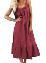 Vestido feminino chouyatou, algodão, linho, alça espaguete, vermelho